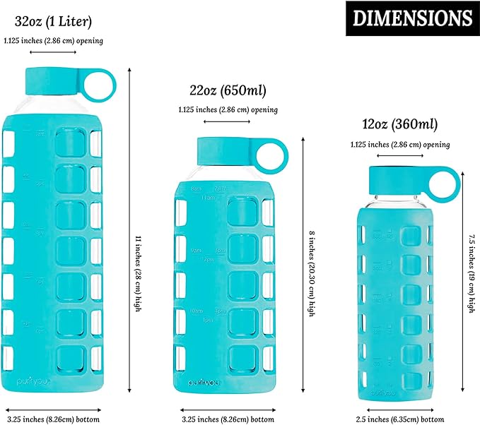 purifyou Premium 40/32 / 22/12 oz Reusable Glass Water Bottles with Time and Volume Markings, Non-Slip Silicone Sleeve & Stainless Steel Lid Insert, for Water, Milk, Fruit Juice (32oz Aqua Blue)