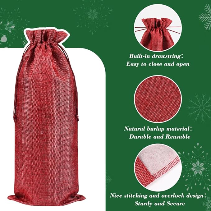 Shintop 10pcs Jute Wine Bags 1.5L, 16 x 6.7 inches Hessian Wine Bottle Gift Bags with Drawstring (Red)