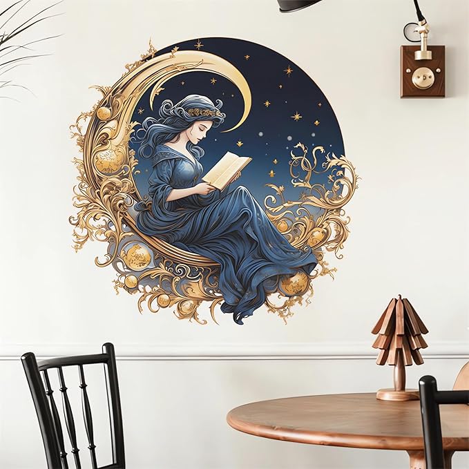 Gorgeous Moon Star Blue Girl Wall Stickers, sacinora Reading Book Middle Eastern Style Art Wall Decals Removable Vinyl Peel and Stick for Kids Baby Nursery Study Room Living Room Bedroom Decorations