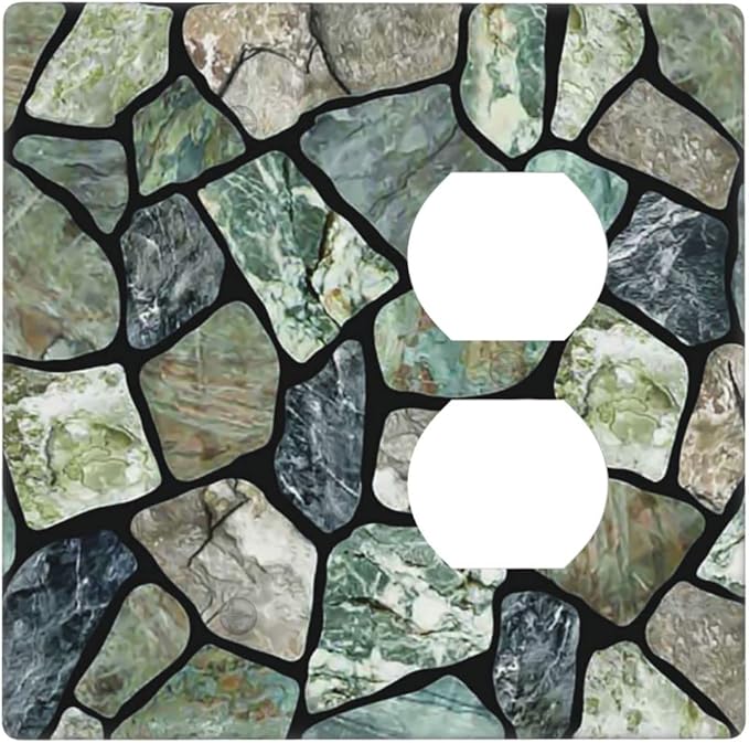 Green Stone Texture Combo Single Blank 1 Duplex Outlet Switch Wall Plate Cover Decorative 2-Gang for Electrical Room Bathroom Bedroom Home Kitchen One Receptacle 4.5" x 4.6"