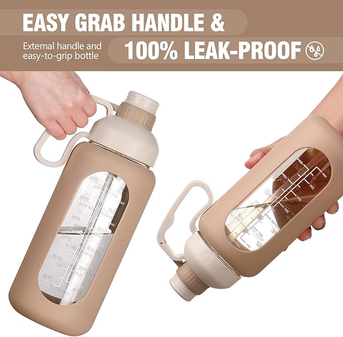 MUKOKO 64oz Glass Water Bottles with Straw, Half Gallon Water Bottle with Time Marker, Motivational Water Bottle with Silicone Sleeves,Large Glass Water Bottle for Gym,Working,Outdoor,Amber