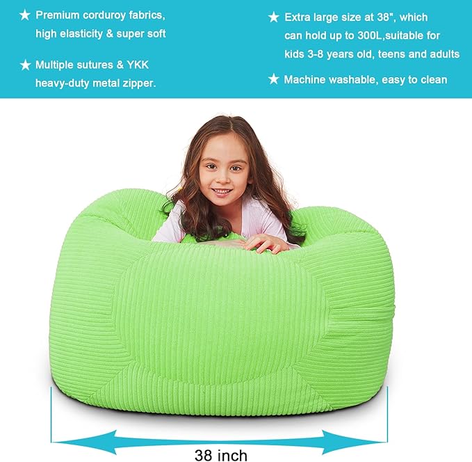 Stuffed Animal Storage Bean Bag Chair Cover for Kids, 38" Beanbag Chairs Cover Plush Toys Organizer Super Soft Corduroy with Handle and Zipper for Boys and Girls - Green