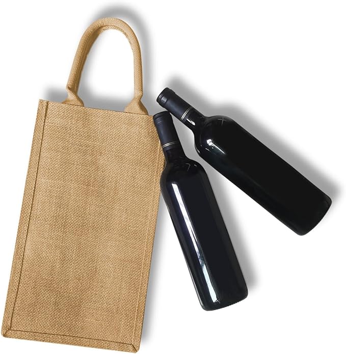 2Pack Jute Burlap Double Bottle Wine Tote Bags with Soft Cotton Handles Reusable for Wedding, Parties,Birthdays