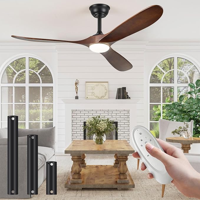 60" Ceiling Fans with Lights, 60 inch Ceiling Fan with Lights, High cfm Quiet 3 Blade Wood Walnut Ceiling Fan, Large Modern Ceiling Fan with Remote, Propeller Fans for Patios,Dark Walnut