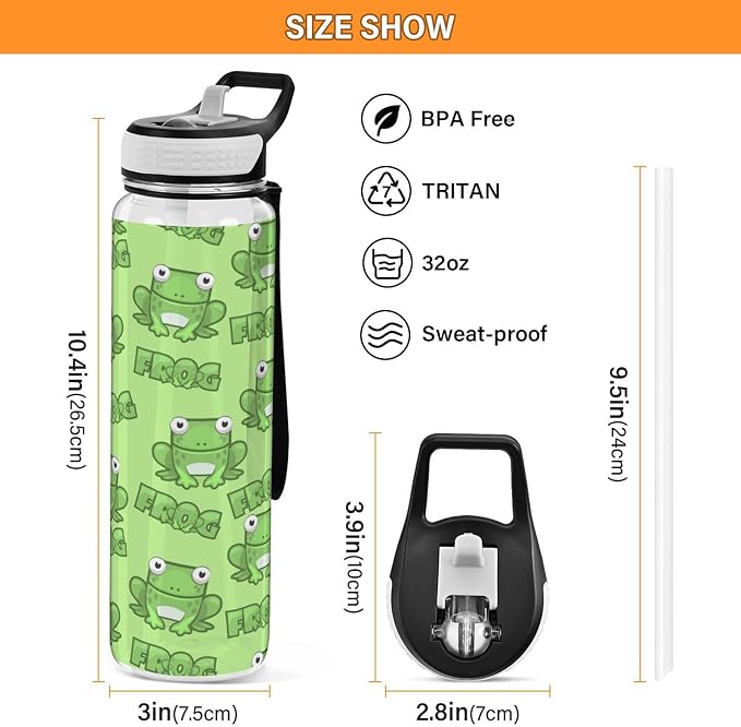 Water Bottle with Straw Kawaii Frogs Green Sports Bottles BPA-Free Tritan Water Jug with Carrying Strap for Women Men Gym Outdoor Sports