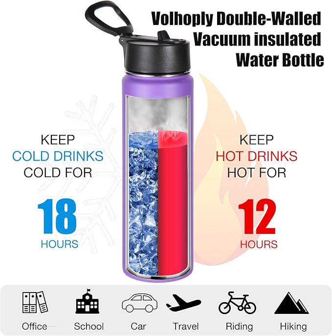 Volhoply 24 Ounce Insulated Water Bottle With Straw Lid,Stainless Steel Wide Mouth Sport Bottles With Handle,Double Wall Vacuum Thermos keep Cold,Reusable Travel Thermal Cups For Holder,Gym(Purple,1)