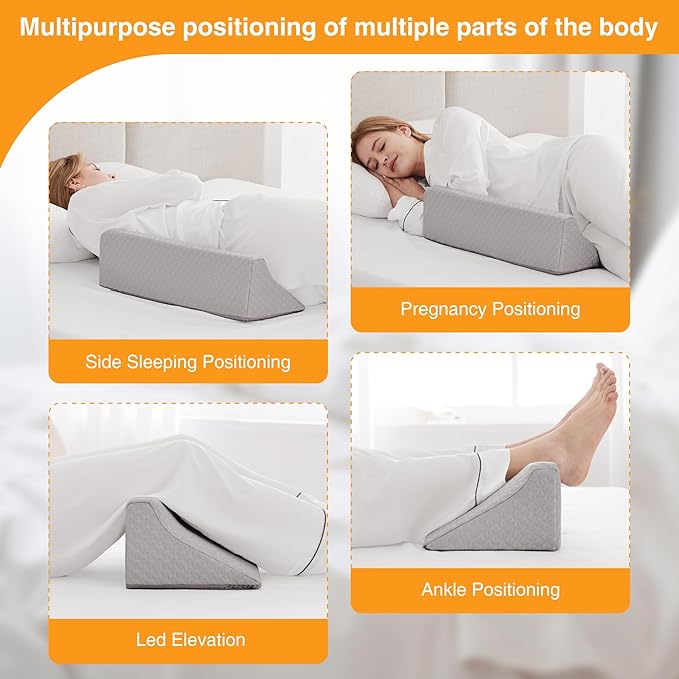Side Wedge Pillow for Sleeping, Versatile Bed Wedge Back Pillow for Pregnancy, Back Pain, Leg Elevation and Side Sleepers, Memory Foam Body Positioner with Cover, Anti-Slip Base, Grey