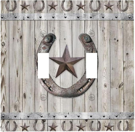 Rustic Western Wood Barn Door Horseshoe Iron Star Double Toggle Light Switch Covers 2 Gang Wall Plate Dual Decorative Switchplate Electrical Faceplate for Farmhouse Country Bedroom Decor