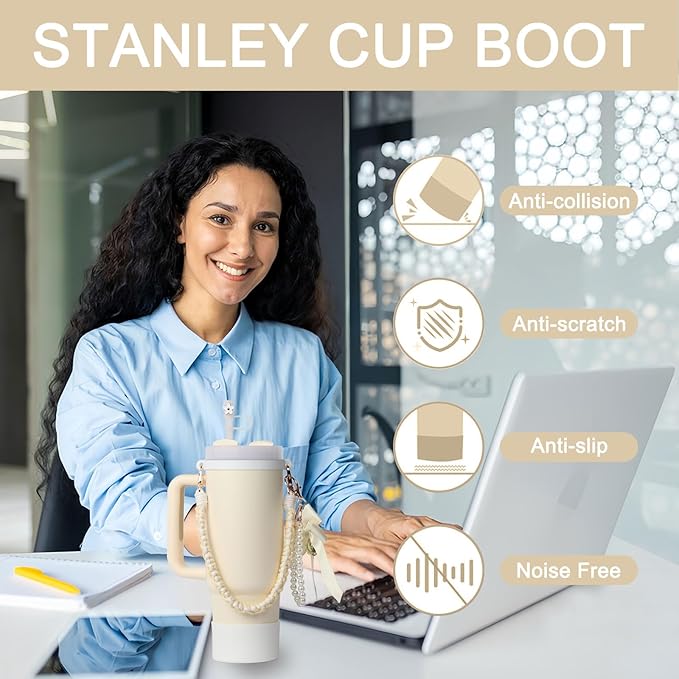 Stanley Cup Accessories Set- Water Bottle Handle Strap, Stanley Cup Protective Silicone Boot, Bow Design Stanley Charms for Stanley Cup 40oz /30 oz Tumbler (white)