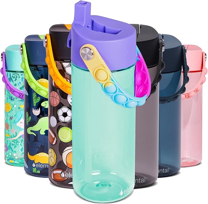 Elemental Leak Proof Water Bottles for Kids - Splash Kids Water Bottle for School with Fun Fidget Pop-it Handle - BPA Free Tritan Plastic Reusable Water Bottle with Straw - Blue Tie Dye - 18oz