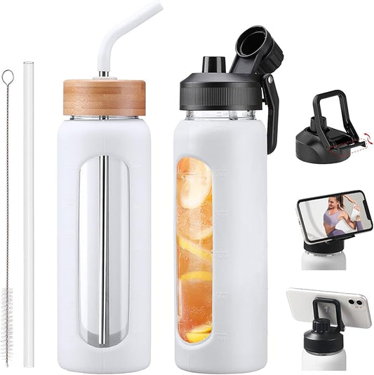 Glass Water Bottles with Straw -24oz- Water Bottle Phone Holder for Gym Sports Water Bottles with Silicone Sleeve Glass Drinking Bottles 2 Lids - Spout & Bamboo Straw Lid(White)