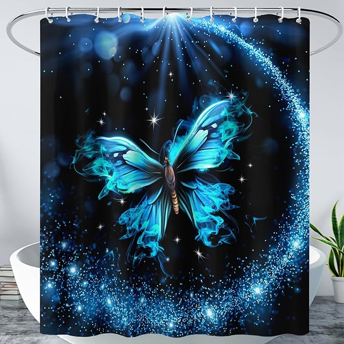AILONEN Butterfly Shower Curtain Bathroom 72" W*72" H Sparkly Blue Butterflies Curtain Cloth Fabric Bathroom for Girls Kids,Boho Style Shower Curtain Set