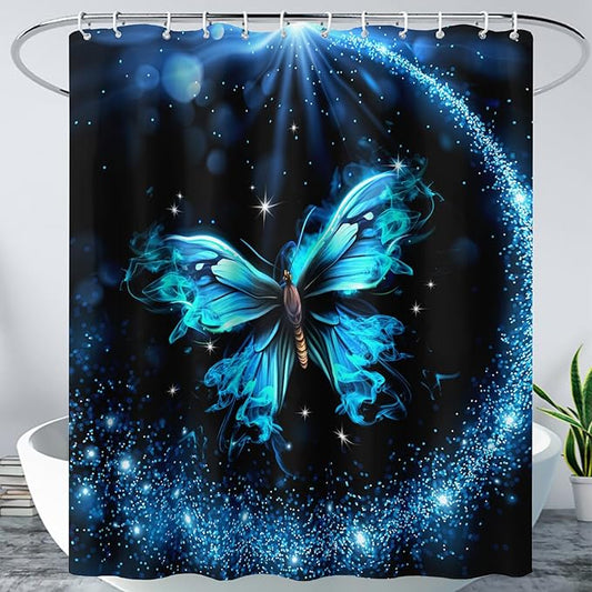 AILONEN Butterfly Shower Curtain Bathroom 72" W*78" H Sparkly Blue Butterflies Curtain Cloth Fabric Bathroom for Girls Kids,Boho Style Shower Curtain Set