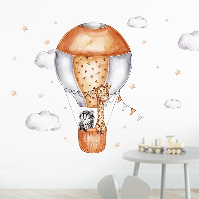 Waterproof Removable Vinyl PVC Hot Air Balloon Zebra Giraffe Safari Animal Wall Decal Wall Sticker Decor Wallpaper Peel Art for Nursery Kidsroom School Classroom Livingroom Bedroom Bathroom