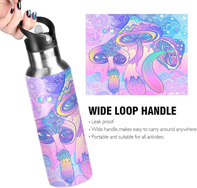 Magic Mushrooms Water Bottle with Straw Lid for Fitness Gym Camping Outdoor Sports, Wide Mouth Vacuum Insulated 18/8 Stainless Steel, 22 oz