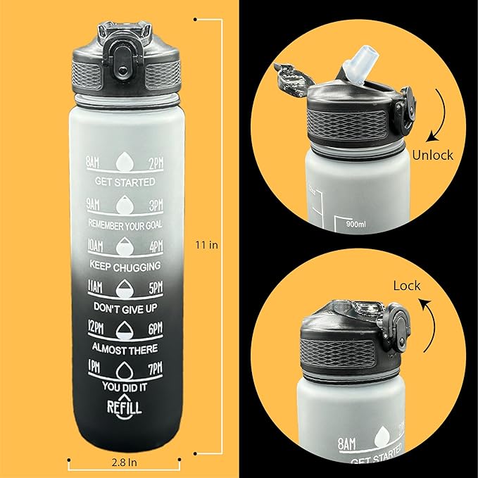 Yaa Fresh Water Bottles, 32oz Motivational Sports Water Bottle with Time Marker - Times to Drink - Tritan, BPA Free, Wide Mouth Leakproof, Fast Flow Technology with Clean Brush (1 Pack) (Black-White)