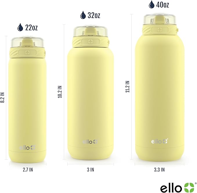 Ello Cooper 22oz Stainless Steel Water Bottle with Straw and Carry Handle, Double Walled and Vacuum Insulated Metal, Leak Proof Locking Lid with Soft Silicone Spout, Reusable, BPA Free, Lemonade