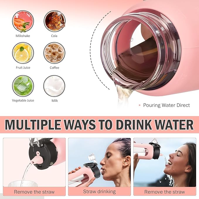 Kodrine Water Bottle With Straw and Carry Handle, Glass Water Bottle 24 oz Leak Proof Locking Lid with Soft Silicone Spout, Small Clear Water Bottle, Travel Sports Water Jug, Time Marker, Pink