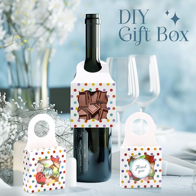 ISKYBOB 20PCS Wine Bottle Box with Window, Kraft Paper Wine Boxes for Gifts Hanging Treat Box Mini Charcuterie Candy Boxes Wine Champagne Bottles Gift Box Goodie Bags for Birthday Party, Colorful Dots
