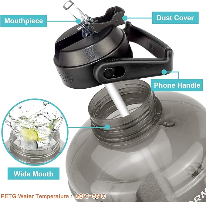 QuiFit 1 Gallon Water Bottle - with Straw & Motivational Time Marker Leak-Proof BPA Free Reusable Gym Sports Outdoor Large(128OZ) Capacity Water Jug(Grey,1 Gallon)