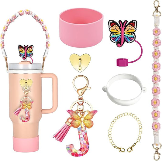 Stanley Cup Accessories Include Silicone Stanley Straw Cover, Butterfly Letter KeyChain Charms, Water Bottle Handle Strap, Boot and Chain for Stanley Cup 30oz 40oz Tumbler