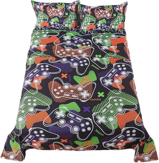 qjmiaofang Gamer Sheets Queen for Boys Gamer Sheet Set Video Game Bed Sheet Set 4Pieces Gaming Sheets Queen Gamer Fitted Sheet Gaming Bedding Set 1 Fitted Sheet 1 Flat Sheet 2 Pillowcase