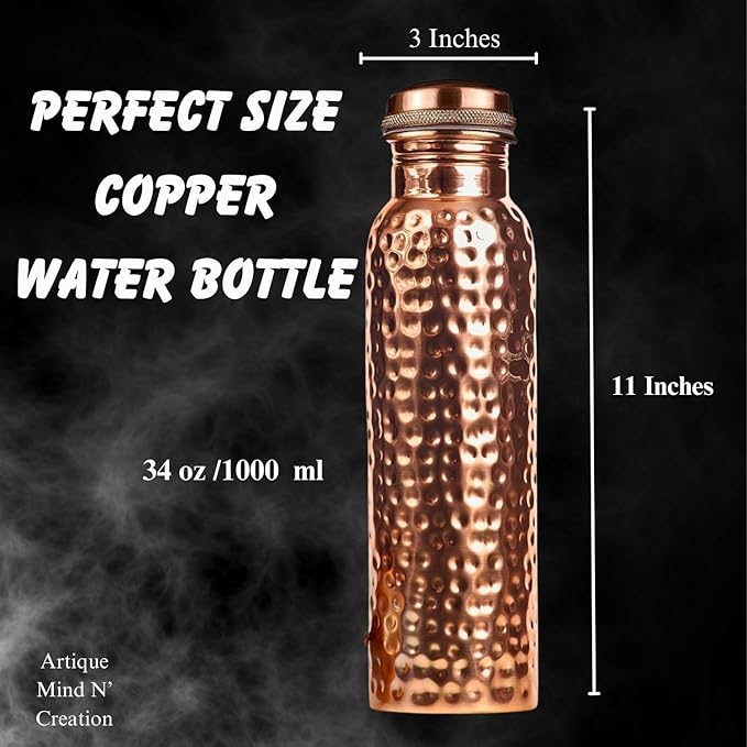 Copper Water Bottle - 34OZ - Versatile and Travel-Friendly Pure Copper Water Bottle – Ayurvedic Copper Drinking Bottle for Women and Men – Wide Mouth Design – | Lab-Tested, Heavy Duty & Leak-Proof |