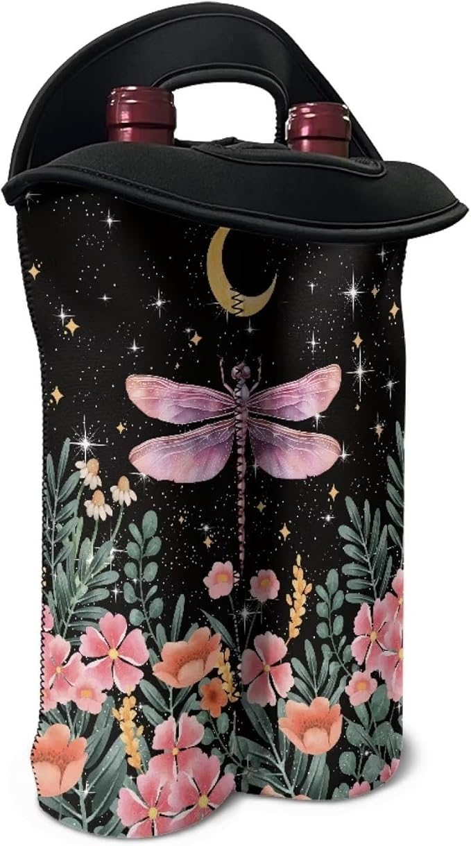 doginthehole Dragonfly Wine Carrier Tote Bag 2 Bottle Insulated Neoprene Wine/Water Bottle Holder Moon Print Wine Carrier Tote Bag Flower Pattern Champagne Carrying Bag Gift for Women Wine Love