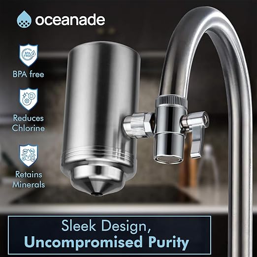 Stainless Steel Faucet Water Filter - Sink Tap Filter - 360° Rotating Faucet Filter Water Purifier - Sink Water Filter Faucet Filter for Kitchen or Bathroom - Filtration Removes Chlorine & Limescale