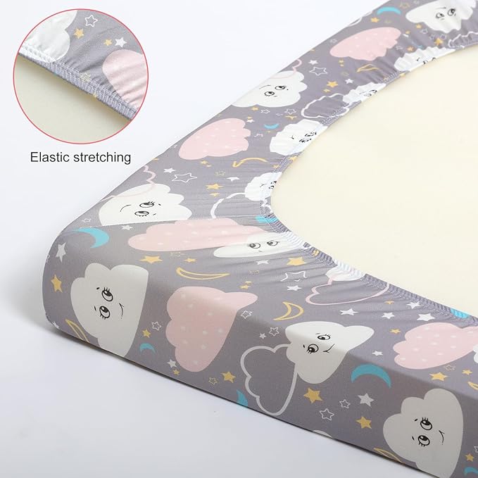 FHMJYHPack n Play Fitted Sheet. 2 Piece Mini Crib Sheet. Elastic Playard Sheet. Portable Sheet Set. Elastic Convertible Playard Set. Compatible with Graco Pack n Play. (Dinosaur Eggs and Cloud Baby)