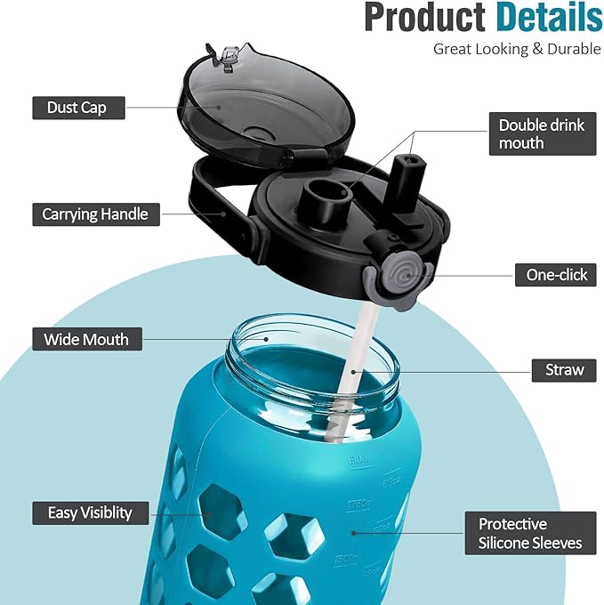 MUKOKO Half Gallon/64 oz Glass Water Bottles with Straw and Lid,Motivational Water Jug with Time Marker Reminder and Silicone Sleeve,100% Leakproof BPA Free Fitness Sports Large Bottle-Teal