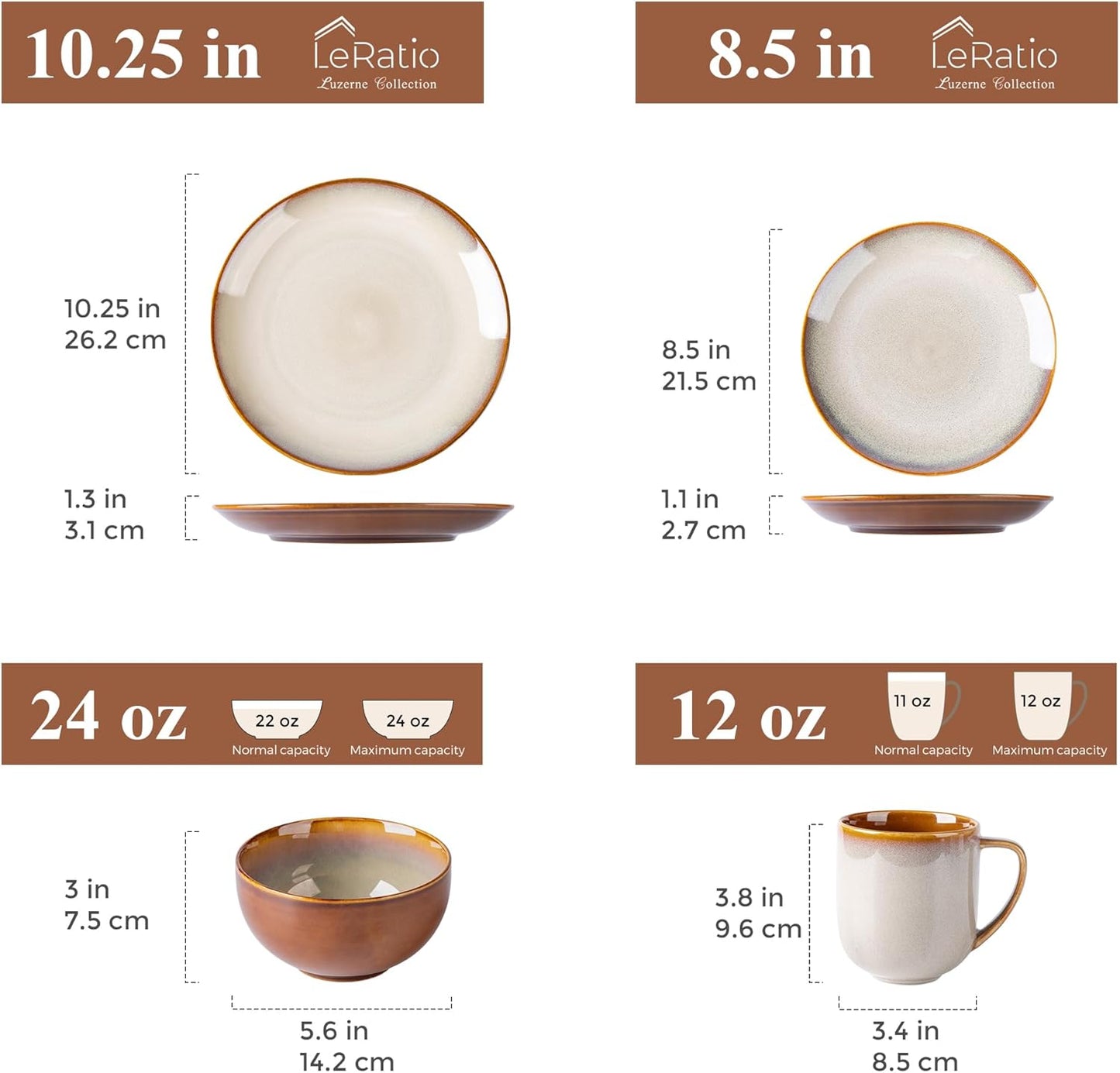 LERATIO Ceramic Dinnerware Sets for 4,16-Piece Reactive Glaze Plates and Bowls Set with Mugs,Highly Chip and Crack Resistant | Dishwasher,Microwave & Oven Safe Dishes set-Kahki