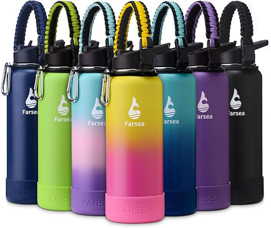 Farsea Insulated Water Bottle With Paracord Handle, Protective Boot and 2 Lids (Straw Lid & Spout Lid), Stainless Steel Water Bottle Wide Mouth, Double Wall Sweat-Proof BPA-Free, 40 oz