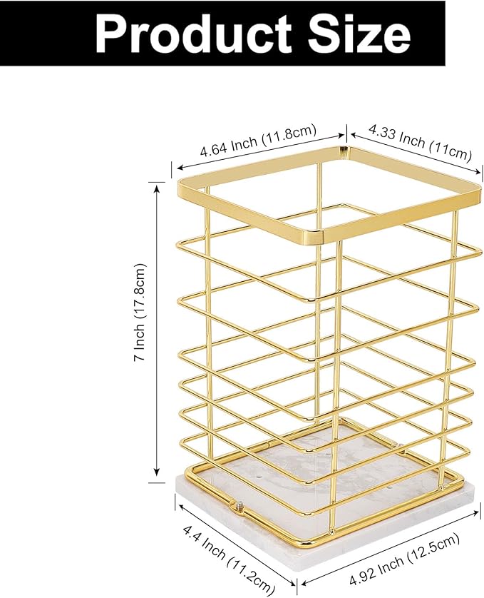 Square Kitchen Utensil Holder, Sturdy Metal Rack for Countertop Storage, Cooking Tools Organizer with Drainage Hole, Stylish Utensil Caddy for Effortless Kitchen Organization, with Marble Base