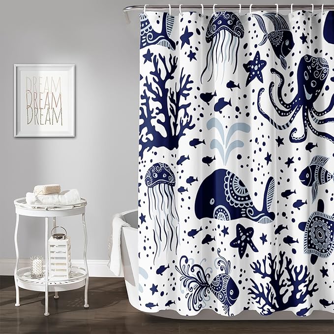 AILONEN Cartoon Dolphin Shower Curtain for Kids 72" W*78" H Inch,Blue Whales Octopuses Turtles Pattern Shower Curtain,Ocean Life Theme 12 Pack Hooks Polyester Waterproof Fabric Decor for Bathroom