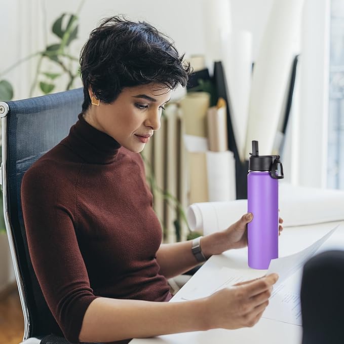 Volhoply 24 Ounce Insulated Water Bottle With Straw Lid,Stainless Steel Wide Mouth Sport Bottles With Handle,Double Wall Vacuum Thermos keep Cold,Reusable Travel Thermal Cups For Holder,Gym(Purple,1)