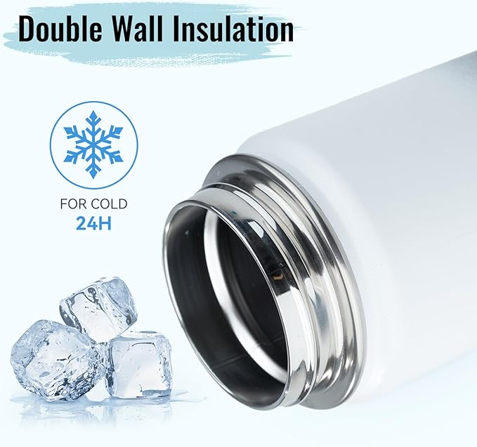 Stainless Steel Water bottle with Straw & Wide Mouth Lid, Wide Rotating Handle, 18oz Double Wall Vacuum Insulated Water Bottle Leak Proof, BPA Free, Keep Cold&Hot, 18oz, White Gradient