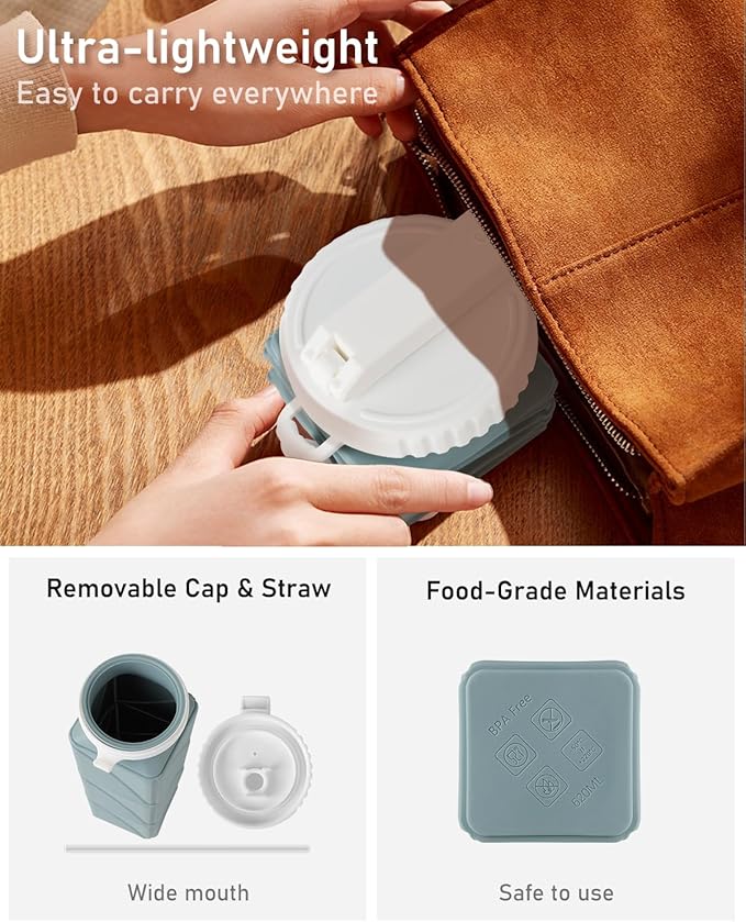 Opard Collapsible Water Bottles 21 Oz - BPA Free, Leak Proof, Foldable Silicone Collapse Water Bottle with Straw, Easy to Compact and Expandable, Travel Essentials Accessories (Blue)