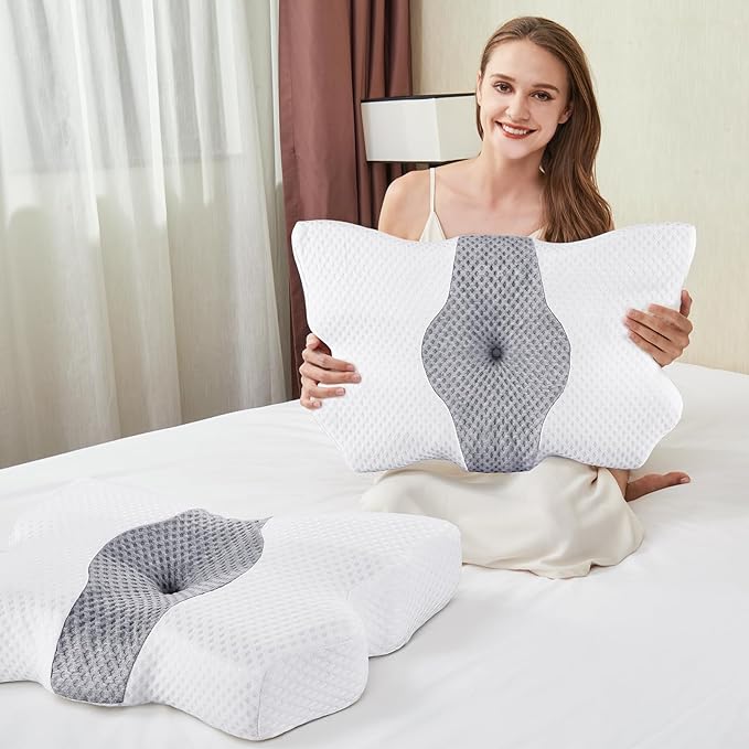 H HOKIZU Cervical Neck Pillow for Pain Relief, Ergonomic Contour Memory Foam Pillow for Side,Back,Stomach Sleepers, Orthopedic Pillow for Neck Pain Relief (White, 24"x14"x5")