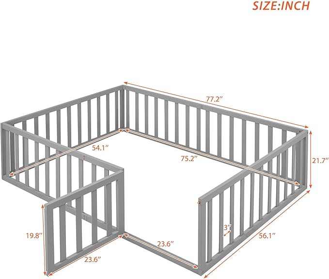 Full Size Floor Bed with Fence, Solid Wood Floor BedFrame for Kids with Door, Twin Platform Bed for Boys and Girls Kids Teens, Fun Design, for Children Bedroom