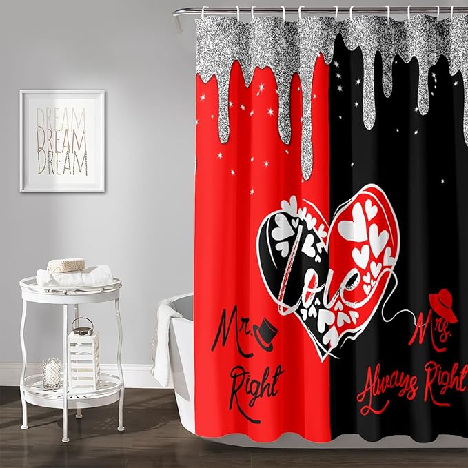 AILONEN Mr Mrs Black and Red Shower Curtain,Love Hearts Pattern Mr Right Mrs Always Right Theme Bath Curtain,Modern Print Decoration Waterproof Shower Curtain with 12 Plastic Hooks, 60" W*72" H