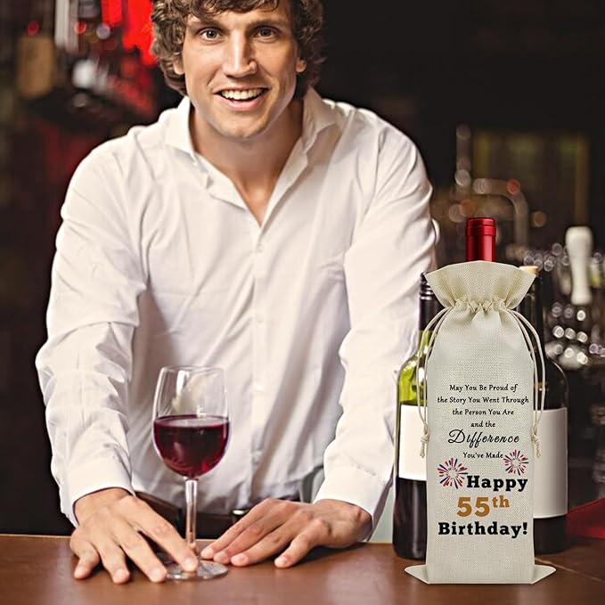 Sazuwu Happy 55th Birthday Gifts Wine Bag Inspirational Birthday Quotes Wine Accessories Gifts for Wine Lovers Born in 1969 Gifts for Mom Dad Funny Gifts for Turning 55 Wine Bottle Decoration Bag