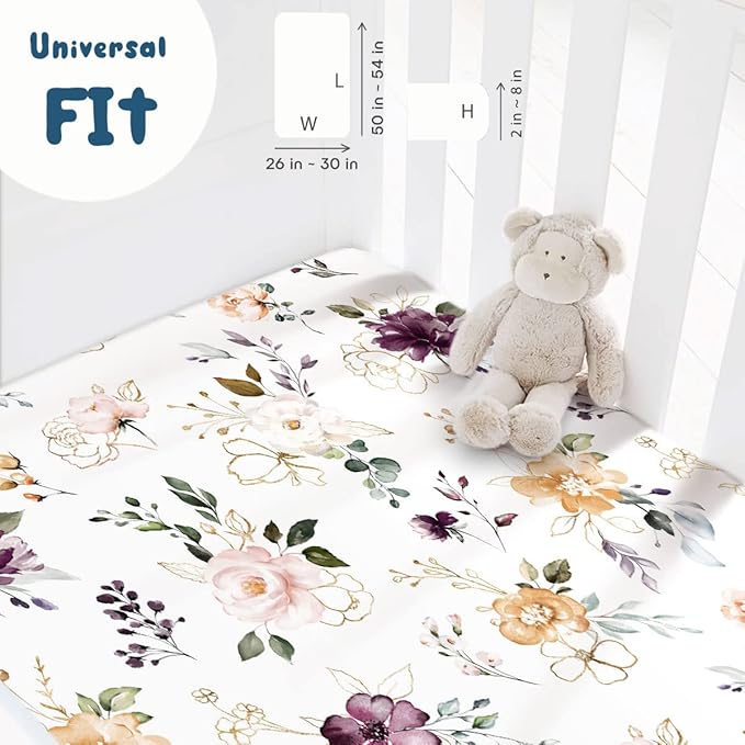 GRSSDER Stretchy Ultra Soft Jersey Knit Fitted Pack n Play Sheets Set 2 Pack,Fits Portable Playard/Mini Cribs Mattress Snug and Safe,Watercolor Purple Flora for Baby