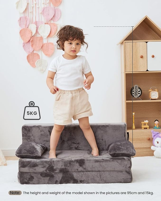 Weighted Idea 2-in-1 Kids Sofa Couch Fold Out for Girls and Boys, Folding Toddler Chairs Comfy Children Couch Baby Recliner, Convertible Sofa to Lounger for Reading Sleeping (Grey, 30x18x16 inches)