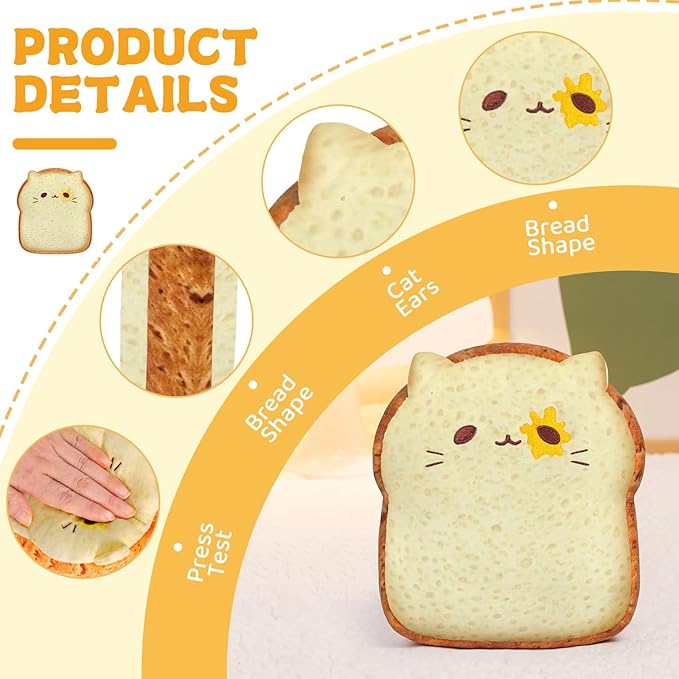Toast Bread Pillow Funny Sliced Bread Plush Toy Pillows, Funny Food Plushie Stuffed Toy, Cute & Soft Bread Shape Stuffed Decor Toy, Birthday Toy for Kids & Toddlers