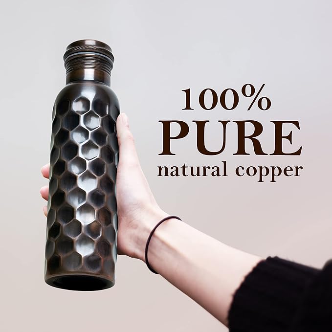 Eunoia Copper Water Bottle with Lid 32 oz, Handmade Ayurvedic Copper Bottle Water Vessel, Gym Water Bottle for Sports Exercise Yoga Fitness, Diamond Antique