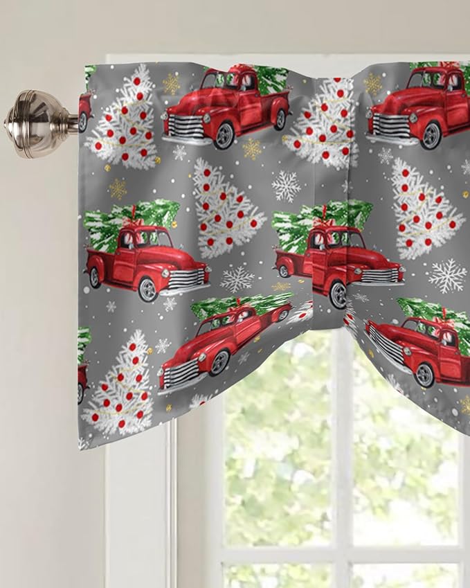 Red Truck Christmas Blackout Tie Up Valance Curtains for Kitchen Windows Merry Christmas Tree Window Toppers Balloon Shades for Living Room/Bathroom/Bedroom,1 Panel, 42" X 12", Winter Snowflake Grey