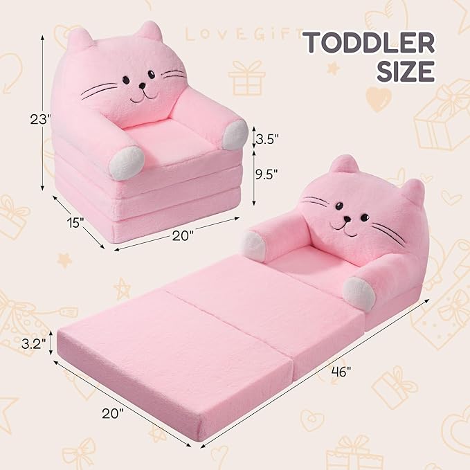 Kids Sofa Chair for Toddler, 2-in-1 Folding Soft Baby Couch with Removable Cover, Comfy Plush Children's Recliner, Convertible Floor Sofa Bed to Lounger for Girls Boys Age 1-3,Cat Pink