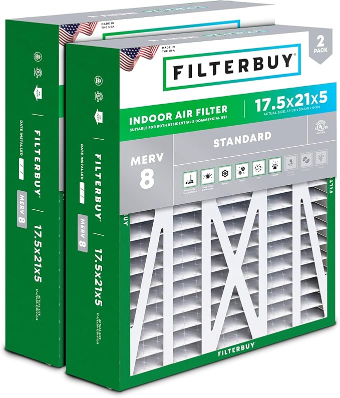 Filterbuy 17.5x21x5 Air Filter MERV 8 Dust Defense (2-Pack), Pleated HVAC AC Furnace Air Filters Replacement for Rheem, Ruud, and Protech (Actual Size: 17.13 x 20.63 x 4.38 Inches)