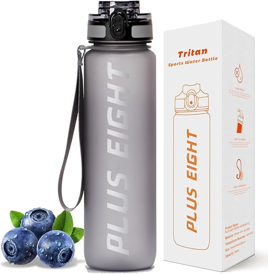 Sports Water Bottle, 32 oz Motivational Water Bottles with Time Marker to Drink, Leak-Proof Tritan BPA-Free with Carrying Strap for Women Men Gym Fitness Outdoor (Grey Matte)